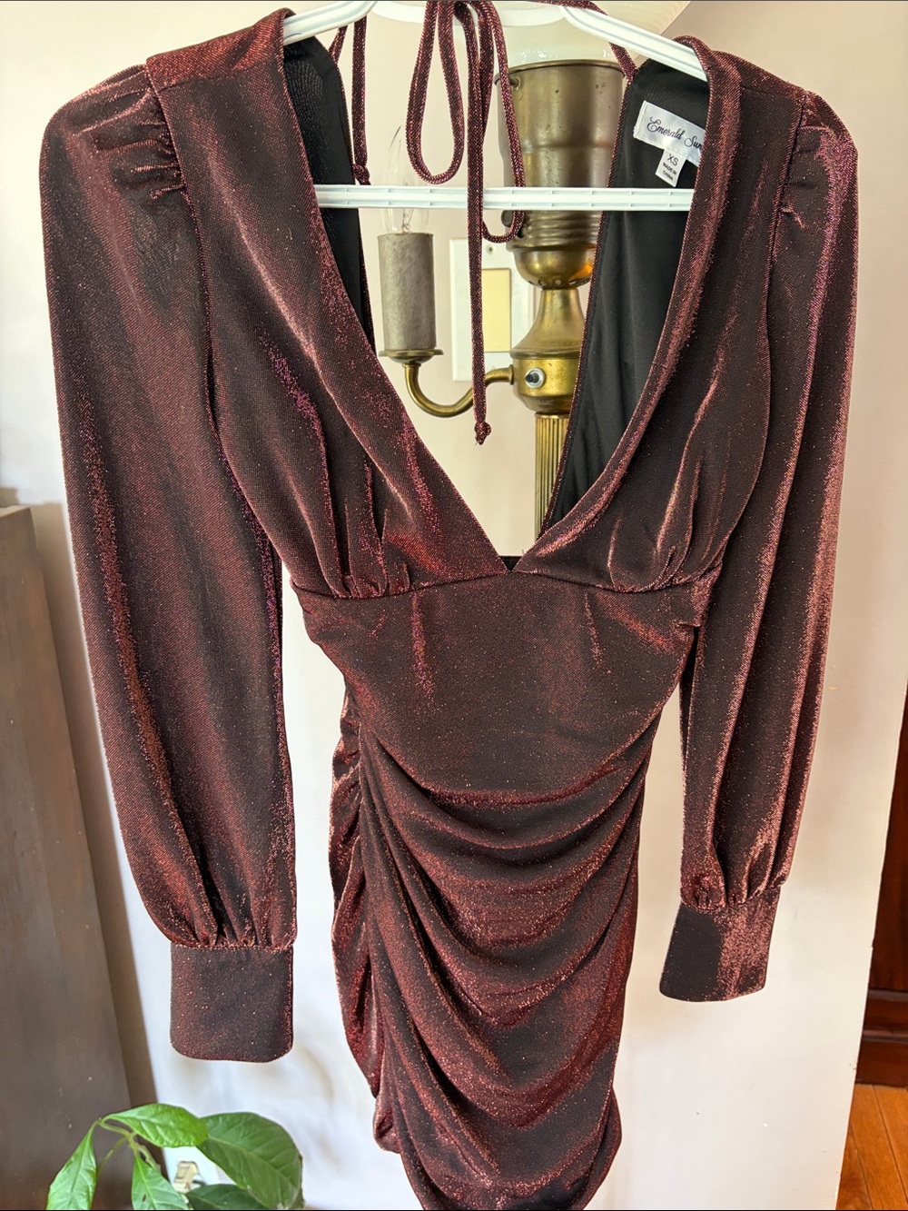 Emerald Sundae Metallic Ruching Long-Sleeve Deep V Dress - Copper